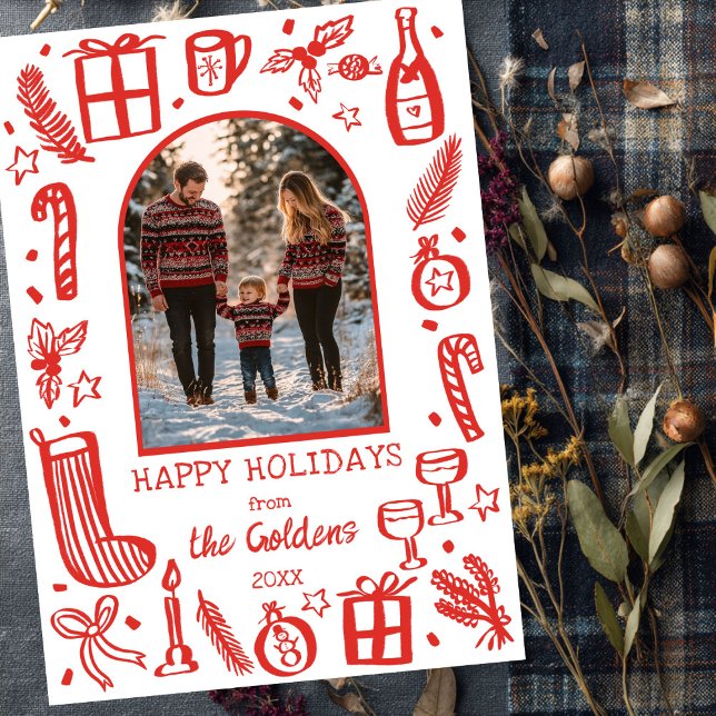 Tarjeta Festiva Navidades caprichosos adoran foto del arco Persona (Whimsical Christmas Cute Custom Arch PHOTO Modern Doodle Sketch Holiday Card
)