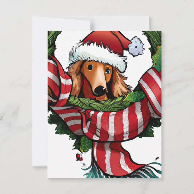 Tarjeta Festiva Navidades caprichosos de Dachshund y Wreath saluda (Anverso)