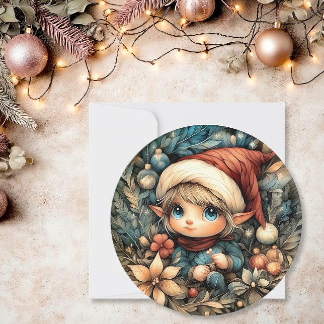 Tarjeta Festiva Navidades caprichosos elf Personalizable redondo (Whimsical Christmas Elf Customizable Round Holiday Card)