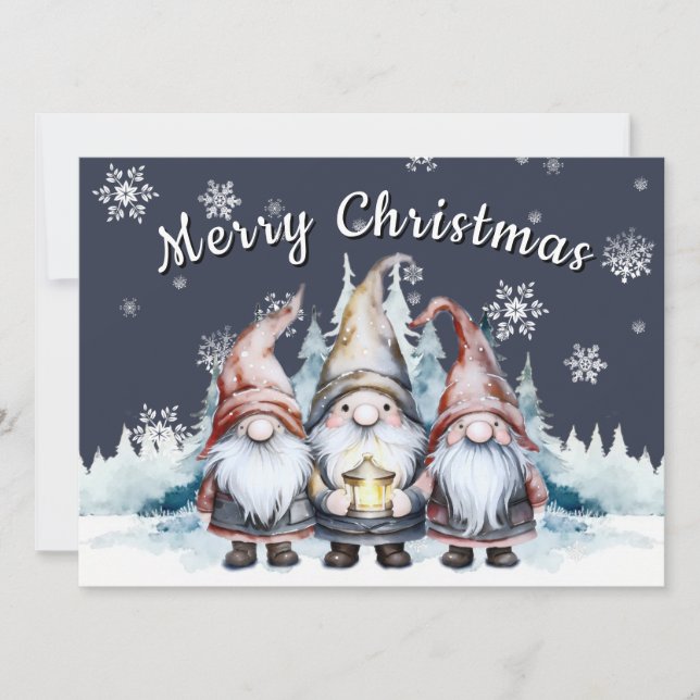 Tarjeta Festiva Navidades caprichosos. Foto de la familia Gnome (Anverso)