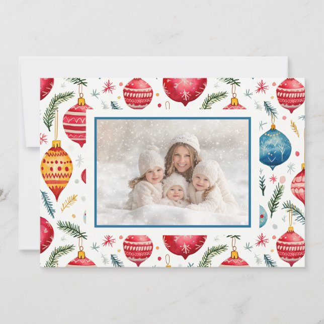 Tarjeta Festiva Navidades caprichosos, foto de ornamentos de época (Anverso)