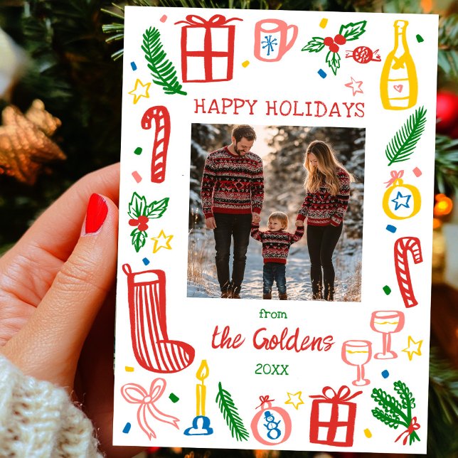 Tarjeta Festiva Navidades caprichosos garabato Personalizado FOTO (Whimsical Christmas Doodle Sketch Cute Custom PHOTO Flat Holiday Card
)