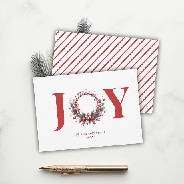 Tarjeta Festiva Navidades caprichosos: Joy Candy Wreath Minimalist (joy whimsical christmas wreath holiday card candy cane foliage greenery elegant minimalist)