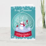 Tarjeta Festiva Navidades Cardenal de Snowman<br><div class="desc">Navidades Snowworld Snowman con el cardenal rojo pájaros en la nieve y helados copos de nieve para su nieto</div>