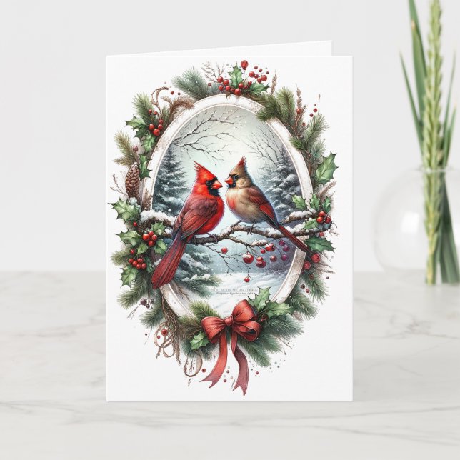 Tarjeta Festiva Navidades Cardenales Red Bow Holly Snowy Forest 1 (Anverso)