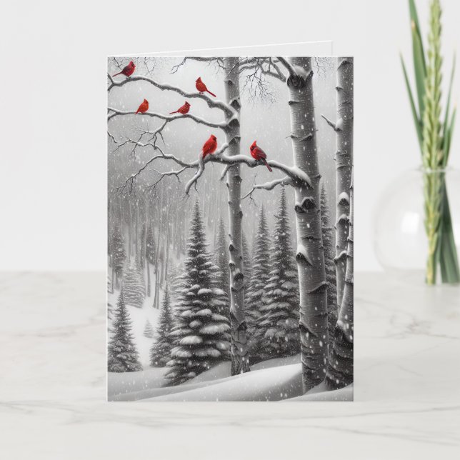 Tarjeta Festiva Navidades Cardenales Rojos En La Selva De Invierno (Anverso)