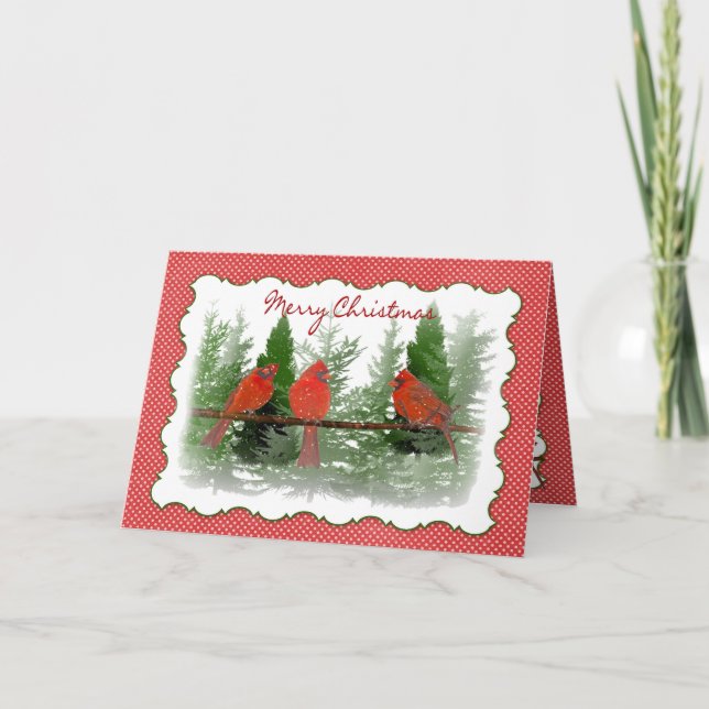 Tarjeta Festiva Navidades - Cardenales rojos encaramados en la suc (Anverso)
