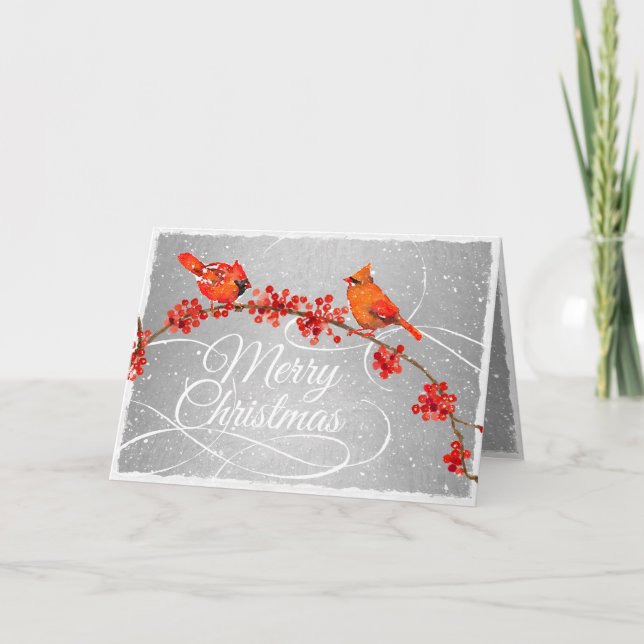 Tarjeta Festiva Navidades Cardenales Rojos Pájaros Faux Silver (Anverso)