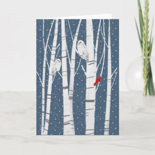 Tarjeta Festiva Navidades Cardenales y búhos en copos de nieve