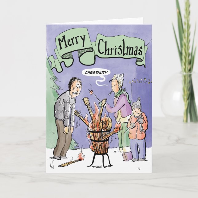 Tarjeta Festiva Navidades cargan castaño de guitarra en fuego abie (Anverso)