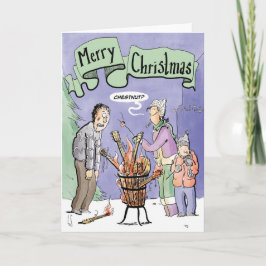 Tarjeta Festiva Navidades cargan castaño de guitarra en fuego abie