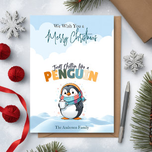 Tarjeta Festiva Navidades caricaturizan a Chillin como un pingüino