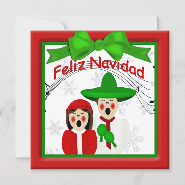 Tarjeta Festiva Navidades Caroleros mexicanos saludan en pareja (Anverso)