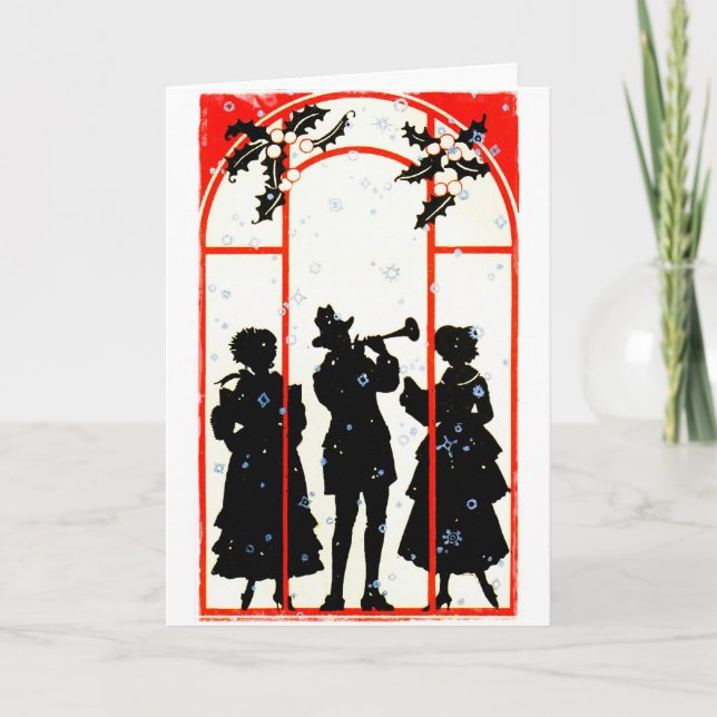 Tarjeta Festiva Navidades Carolers Silhouette 1920 (Anverso)