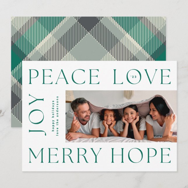 Tarjeta Festiva Navidades Cartas verdes MERRY JOY PAZ AMOR foto (Anverso / Reverso)