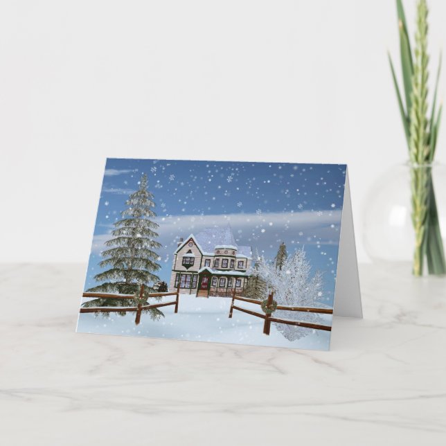 Tarjeta Festiva Navidades, casa en una escena de invierno nevada (Anverso)