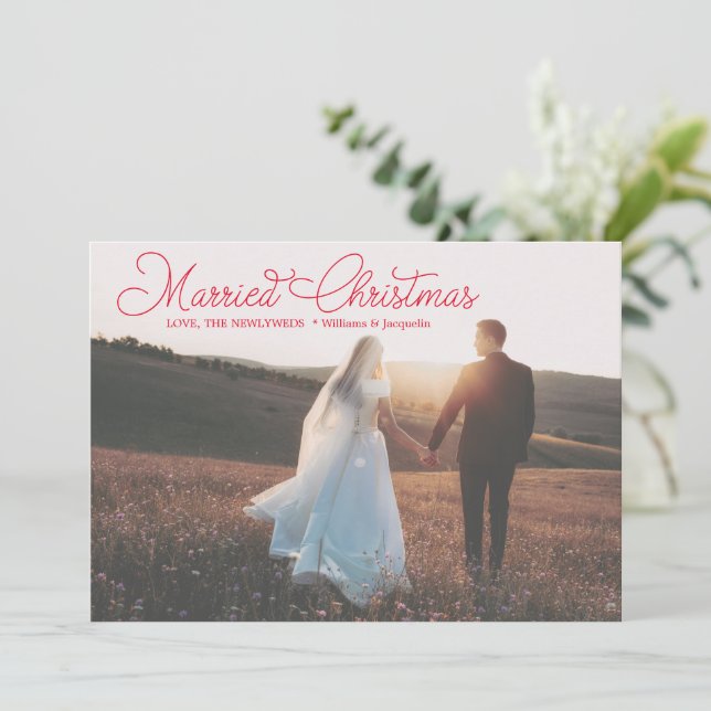 Tarjeta Festiva Navidades casados caligrafía de escritura roja rec (Anverso de pie)