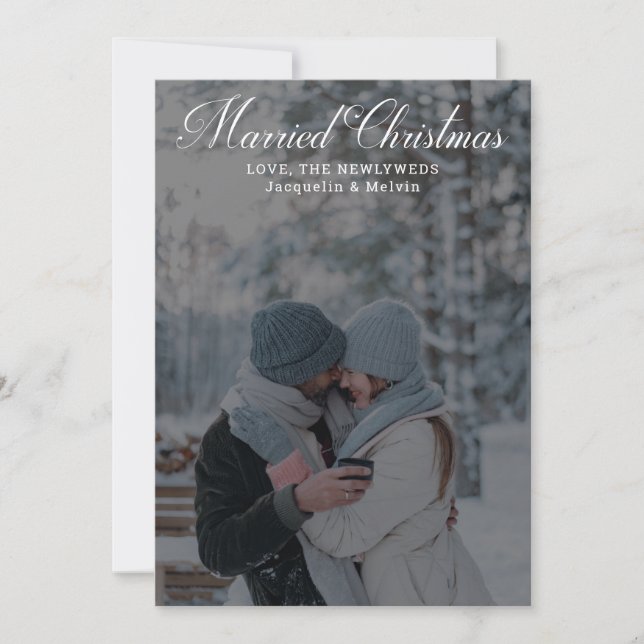 Tarjeta Festiva Navidades casados caligrafía recién casados fotogr (Anverso)
