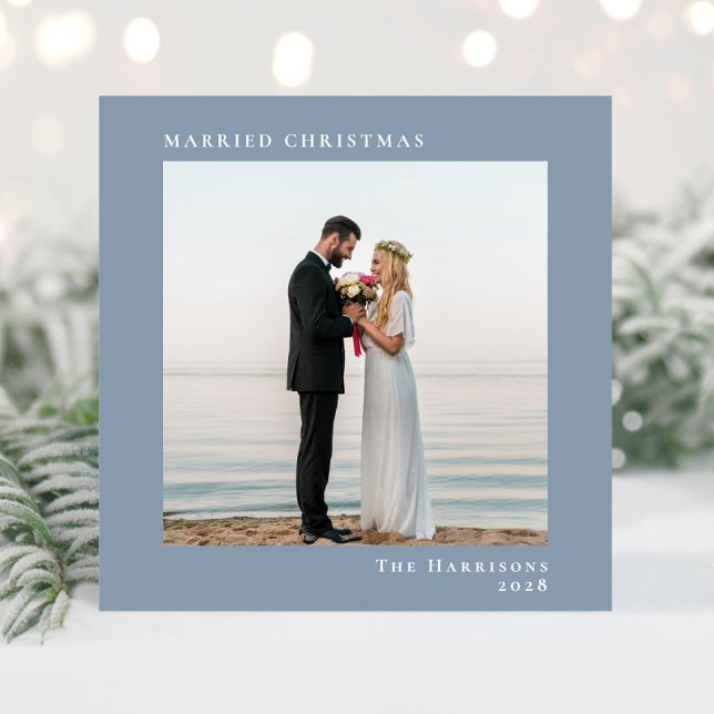 Tarjeta Festiva Navidades casados Dusty Blue Photo (A beautiful and unique way to announce your marriage to family and friends this holiday season)