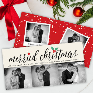 Tarjeta Festiva Navidades casados Holly Mistletoe 3 Boda de fotos