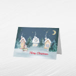 Tarjeta Festiva Navidades Casas de Snowman Árboles de conejo acuar<br><div class="desc">Casas acuáticas con nevado,  conejo,  pinos y nieve bajo una noche estrellada.</div>