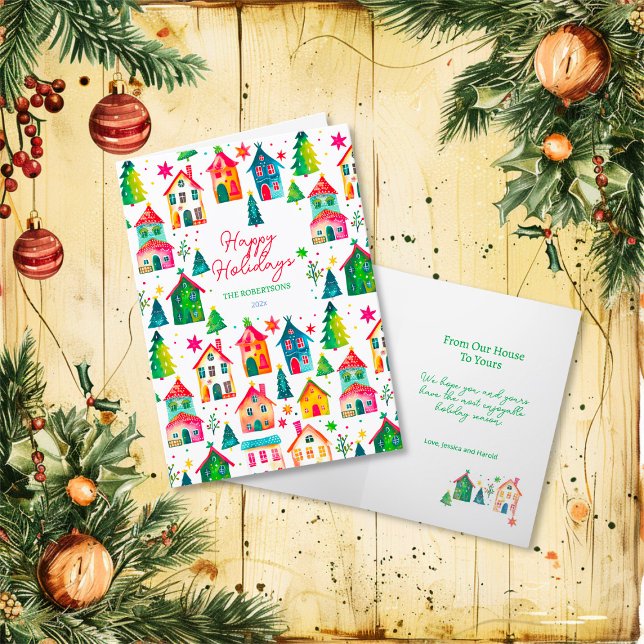 Tarjeta Festiva Navidades Casas Felices Fiestas (Christmas Houses Happy Holidays Folded Card)