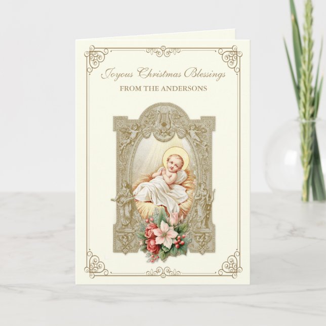 Tarjeta Festiva Navidades católicos bebé Jesús Poinsettia Floral (Anverso)