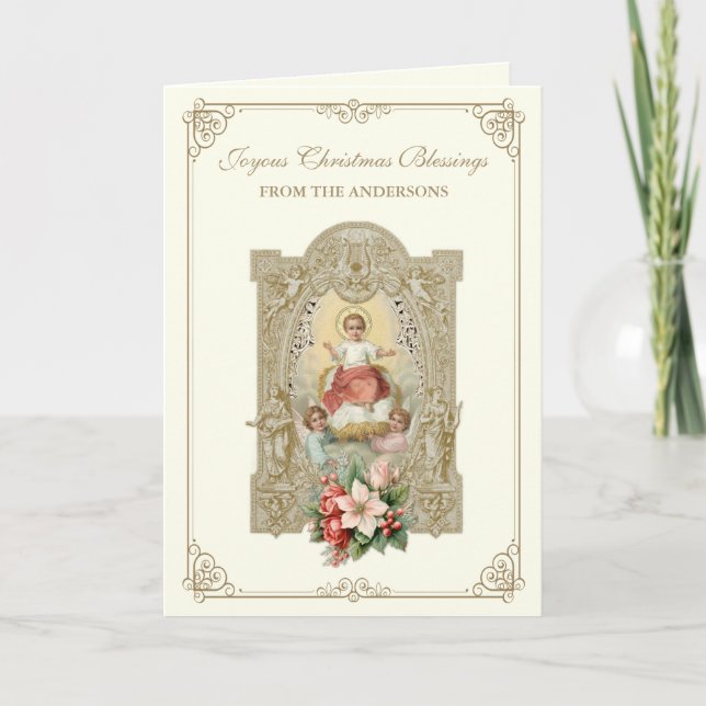 Tarjeta Festiva Navidades católicos bebé Jesús Poinsettia Floral (Anverso)