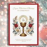 Tarjeta Festiva Navidades católicos Eucharist Red Roses<br><div class="desc">Con una hermosa imagen vintage de la Eucaristía Santa encima de un cáliz dorado adornado con rosas rojas. Se puede modificar todo el texto.</div>