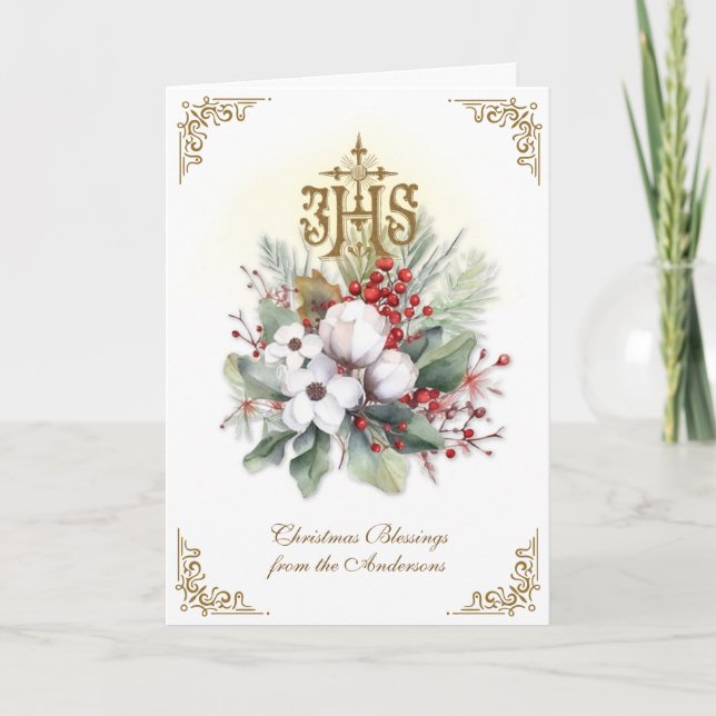 Tarjeta Festiva Navidades católicos IHS Poinsettia floral (Anverso)
