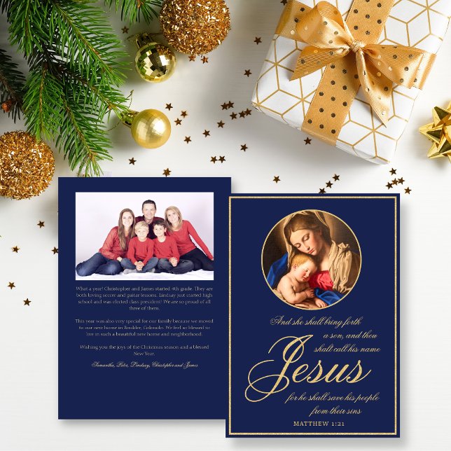 Tarjeta Festiva Navidades católicos Madonna y de fotografía infant (Religious Christmas card for Catholics with Madonna and Child in midnight blue and gold)