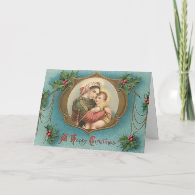 Tarjeta Festiva Navidades católicos religiosos Virgen María Jesús (Anverso)