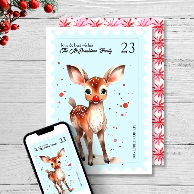 Tarjeta Festiva Navidades católicos retro de renos kitsch (Vintage Stamp Kitsch Reindeer Retro Blue Christmas Holiday Card cute pretty personalized name pastel)