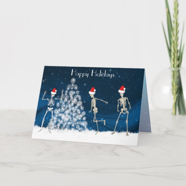 Tarjeta Festiva Navidades cavando esqueletos en azul (Anverso)