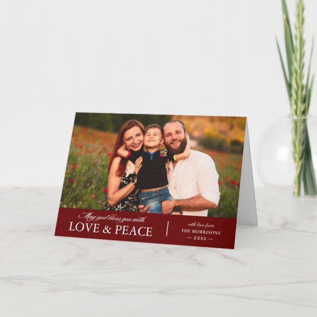Tarjeta Festiva Navidades celebran amor rojo y foto de paz (Anverso)