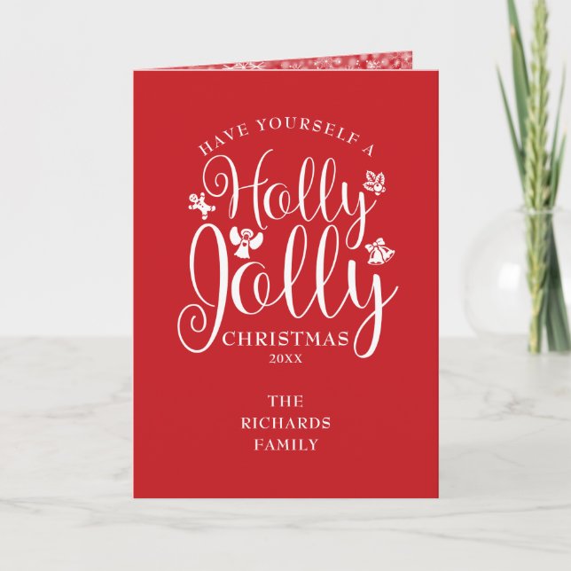 Tarjeta Festiva Navidades celebran Holly Jolly Script Snowflakes (Anverso)