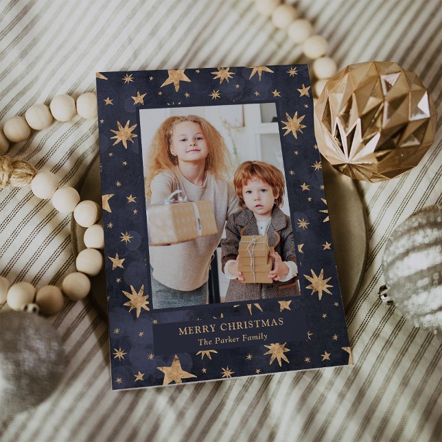 Tarjeta Festiva Navidades celestes | Estrellas de oro en foto azul (A blue Christmas photo card full of elegant gold stars)