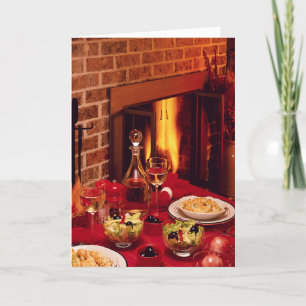 Tarjeta Festiva Navidades Cena Mesa de vacaciones Cómoda chimenea