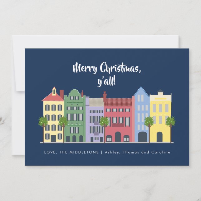 Tarjeta Festiva Navidades Charleston de Rainbow Row (Anverso)