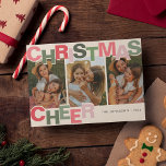 Tarjeta Festiva Navidades Cheer | Navidades fotográficos<br><div class="desc">¡Bienvenidos a la festividad de los Navidades con una tarjeta sentida! Con una letra divertida en tonos rosas y verdes que dice "Navidades Cheer", esta carta traerá alegría a sus amigos y familiares. Personalízalo con tu nombre y año, además de añadir 3 de tus fotos favoritas - y deja que...</div>