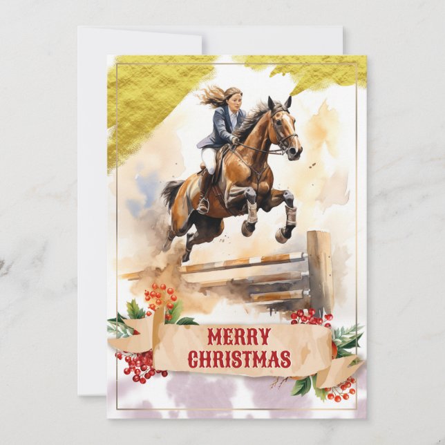 Tarjeta Festiva Navidades Chica adolescente montando caballo por s (Anverso)