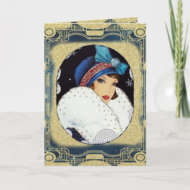 Tarjeta Festiva Navidades Chica Flapper Gran Abrigo De Piel Blanca (Anverso)