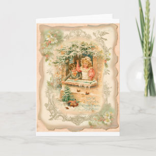 Tarjeta Festiva Navidades Chica Niño Aves Estilo Victoriano