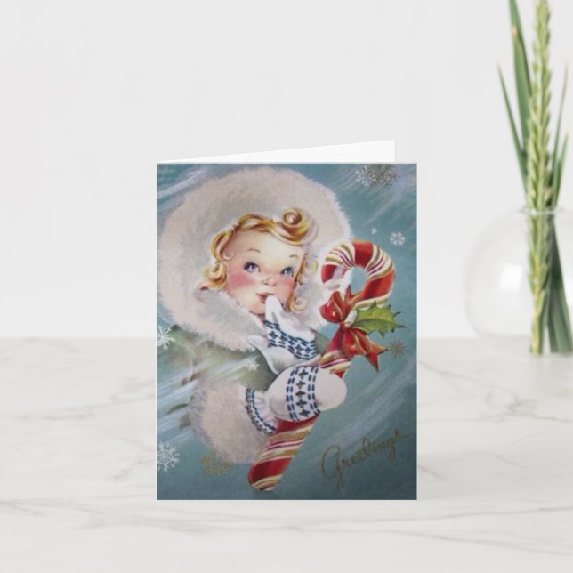 Tarjeta Festiva Navidades Chica Vintage Con Candy Cane (Anverso)