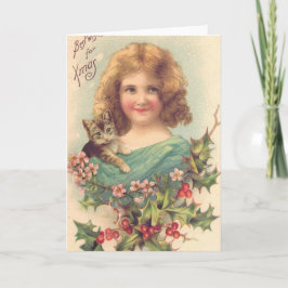 Tarjeta Festiva Navidades Chica Vintage Con Gato