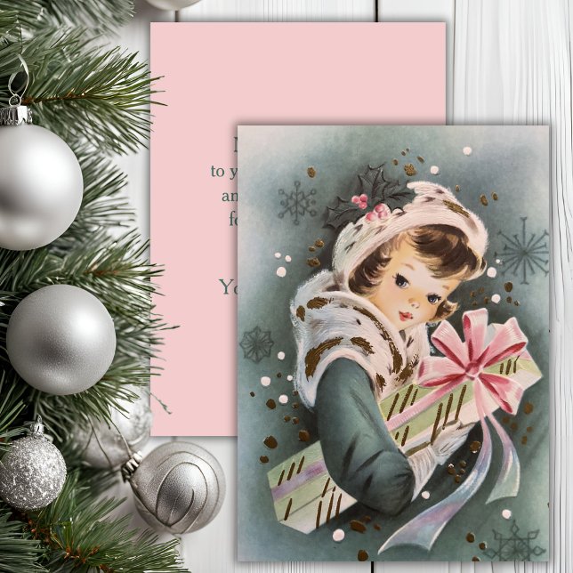 Tarjeta Festiva Navidades Chicas de Navidades rosados de los años  (Vintage 1950s Pink Christmas Girl Custom Christmas Holiday Card)