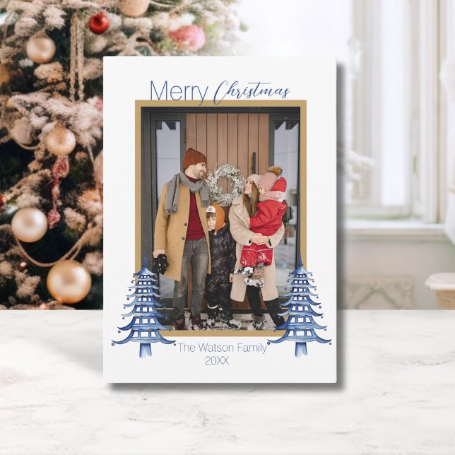 Tarjeta Festiva Navidades Chinoiserie Dusty Blue Pagoda 1-Foto (Chinoiserie Christmas Dusty Blue Pagoda 1-Photo Holiday Card)