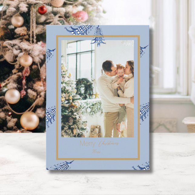 Tarjeta Festiva Navidades Chinoiserie Dusty Blue Pagoda 2-Foto (Chinoiserie Christmas Dusty Blue Pagoda 2-Photo Holiday Card)