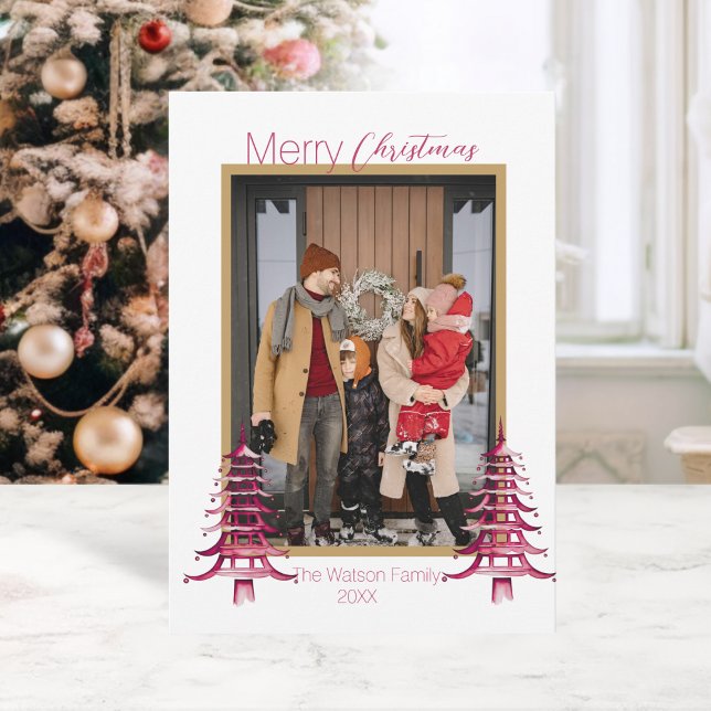 Tarjeta Festiva Navidades Chinoiserie Dusty Pagoda Rosa 1-Foto (Chinoiserie Christmas Dusty Pink Pagoda 1-Photo Holiday Card)