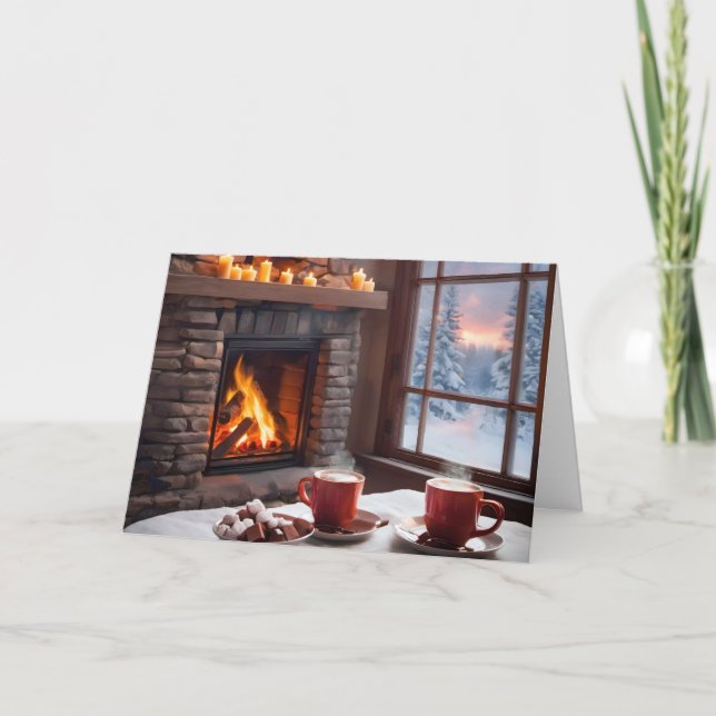 Tarjeta Festiva Navidades Chocolate caliente por chimenea (Anverso)
